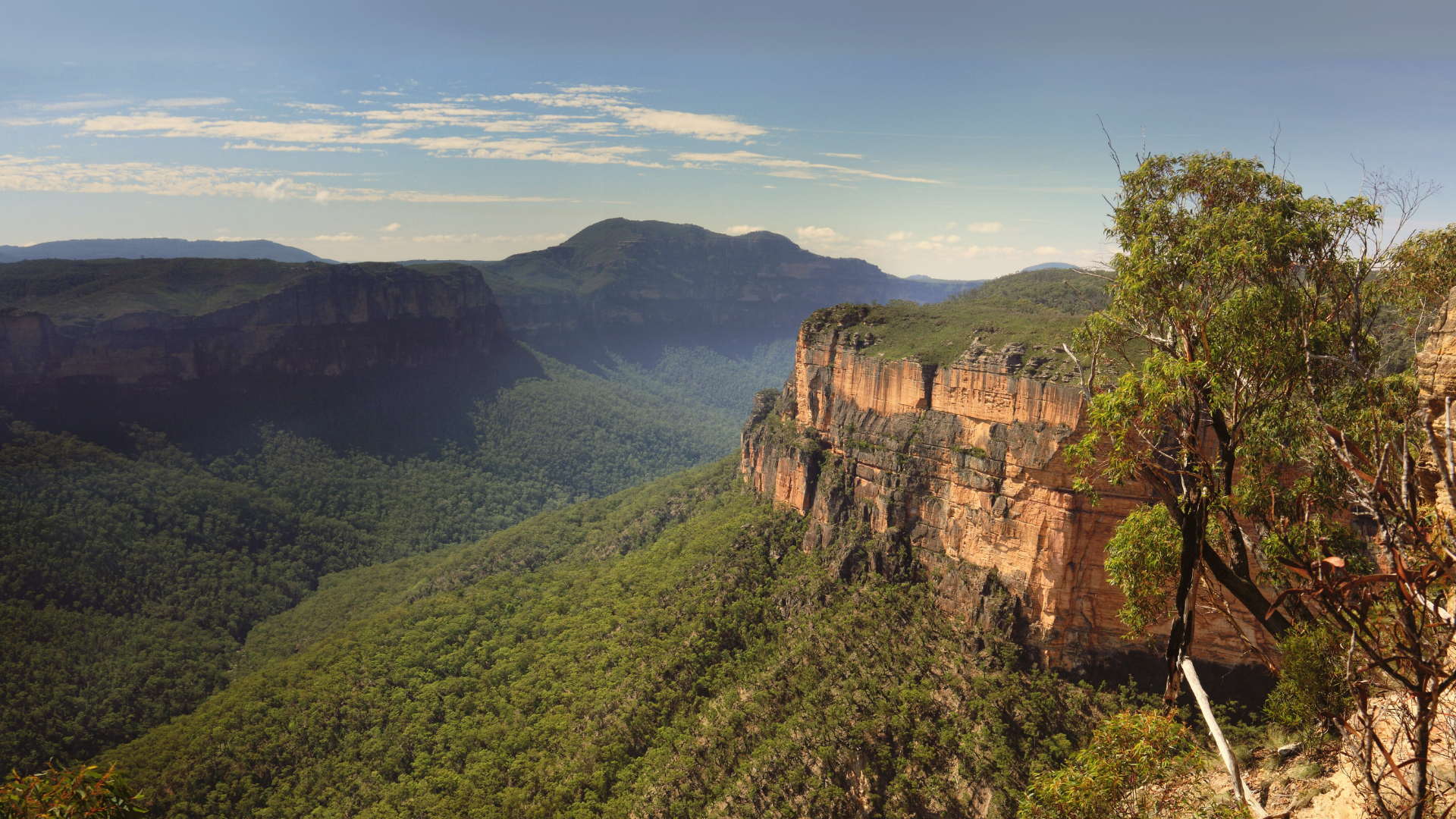 Scenic vista of blue mountains visible from the summit of a steep cliff, showcasing nature's grandeur.