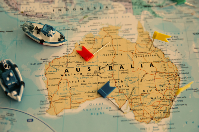 Map of Australia with pins for Blog 3 Teaching Jobs in Australia for South African Teachers